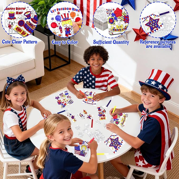 24 Sets 4th of July Crafts for Kids, Patriotic Crafts Activities DIY Puzzle Kits Red White Blue Star Flag Independence Day Memorial Day Jigsaw Painting Arts for Party Favors Gift Supplies Coloring Toy