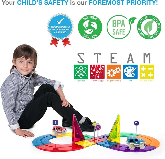 PicassoTiles 50 Piece Race Car Track, Magnetic Tiles STEM Set with LED Cars | 16 pillars, 4 ramps build multi-layer elevation, BPA-free non-toxic materials, sparks STEAM creativity, expands collection