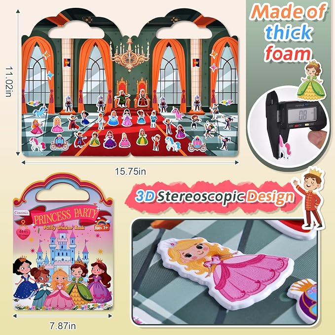 6 Set Puffy Sticker Book, Reusable Sticker Books for Toddlers | 260pcs Fairytale+Garden+Princess Party+Mermaid+Kids Zone+Girls' Shop, Travel Toys Book for Kids Ages 3+