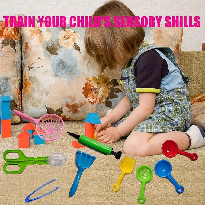 12 Pcs Sensory Bin Filler,Sensory Bin Tools, Fine Motor Skills Handy Scooper Set with 5 Scoops, Plastic Tweezers, Silicone Tongs, Beach Shovels, Air Pump, Scissors Clip
