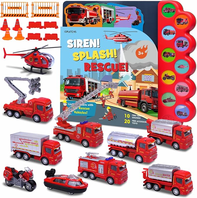iGRATENS Fire Truck Toys with Sounds Book, 10 Alloy Toy Trucks | Fire Vehicle Board Book with 10 Buttons, Realistic Sound Effects, Exquisite Illustrations, Great for Little Truck Lovers Kids