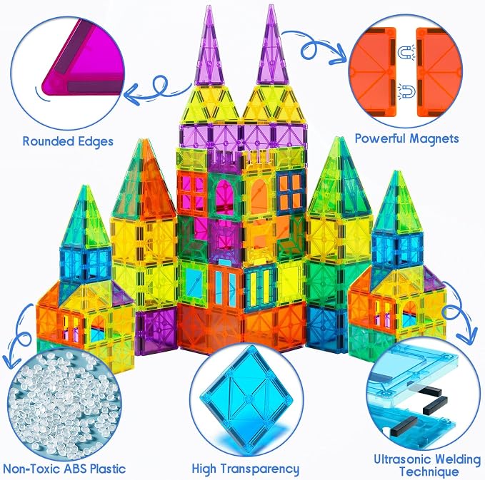 Bmag 130PCS Magnetic Tiles Building Blocks with 2 Cars | 3D Clear Magnet Blocks | STEM Preschool Toys for 3-9+ Kids | Christmas & Toddler Gift | Compatible with Major Brands