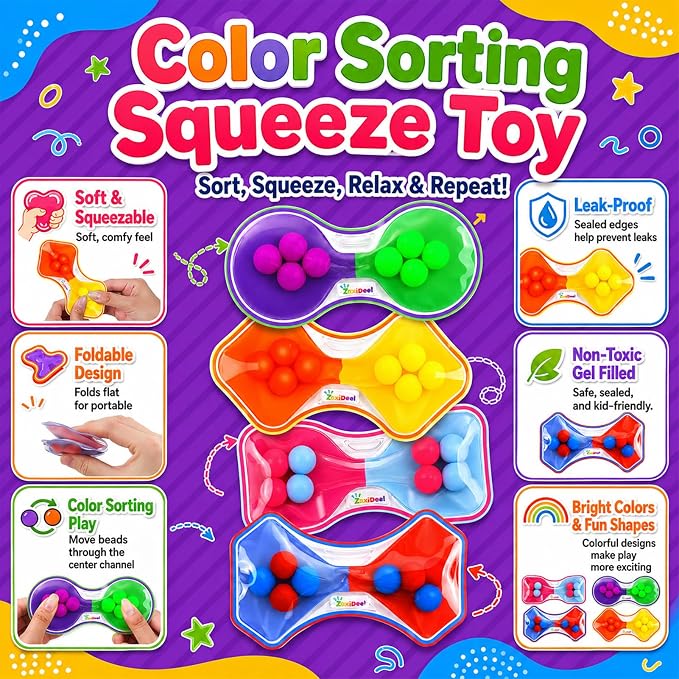 Sensory Fidget Toys for Kids Toddler: 4 Pack Color Sorting Squeeze Toys | Quiet Fidget Toys for Student Classroom - Sensory Calming Toys for ADHD Autism - Goodie Bags Stuffers