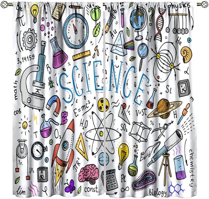 Science Symbols Kids Curtain Sketches Cartoon Chemistry Physics Geometry Education Pattern Print Window Drapes for Bedroom Living Room Kitchen Decor,2 Panel Set,52x84 Inch Blackout
