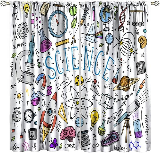 Science Symbols Kids Curtain Sketches Cartoon Chemistry Physics Geometry Education Pattern Print Window Drapes for Bedroom Living Room Kitchen Decor,2 Panel Set,52x84 Inch Blackout