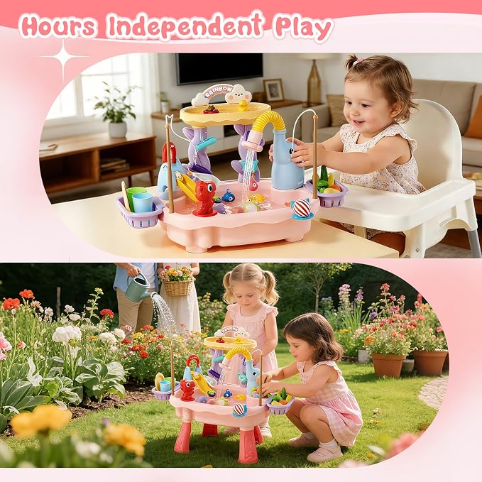 2027 Upgraded 4-in-1 Water Table for Toddlers 2-3, Kids Sensory Table with Electric Water Pump & Faucet, Kitchen Play Sink Toys with Food Accessories, Fishing Toy (NEW Pink)