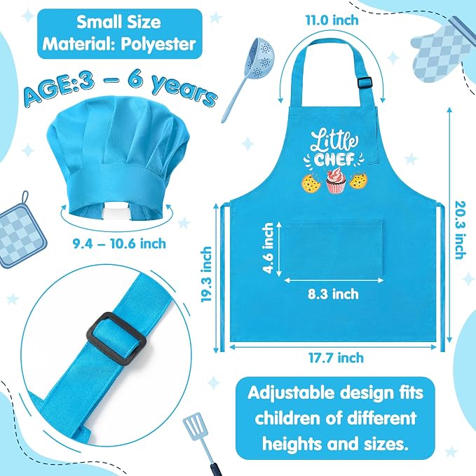 R HORSE 2 Pieces Kid Apron and Chef Hat Set, Dress up Role Play Chef Toy | Small Size, Adjustable, Little Chef Blue Kitchen Apron, Ideal for Cooking, Baking, Painting, Kid Funny Birthday Cooking Gift