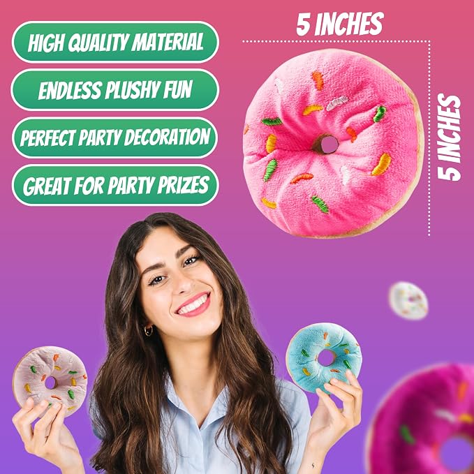 Plush Donut Toys with Sprinkles (24-Pack) Stuffed Donut Party Favors | Soft Stuffed Donuts for Donut Party Supplies, Birthday Decorations, Kids Party Favors, Goodie Bags & Classroom Rewards