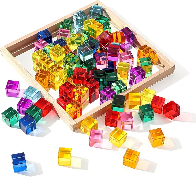 Meooeck 100 Pcs Rainbow Acrylic Gem Blocks Set with Wooden Mirror Tray, Translucent Stacking Gem Cubes for Kids 3-8, Montessori Educational Stem Sensory Light Learning Toy Gift Creative, School Supply