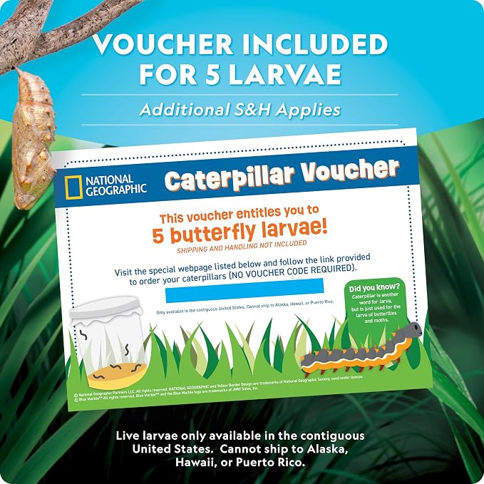 National Geographic Butterfly Growing Kit for Kids Nature Activity | Mesh Habitat, Voucher for 5 Live Caterpillars, Feeder Dish and Sponge, Metamorphosis Science, Outdoor Learning
