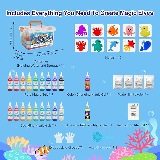 Kiditos Magic Water Elf Toy Kit,Squishies for Kids, DIY Sensory Craft Kit | 20 Gels & 10 Molds, Glow in the Dark & Color Changing Gel Water Pets Aqua Fairy, Party Favors & Summer Gifts for Kids Ages 3+