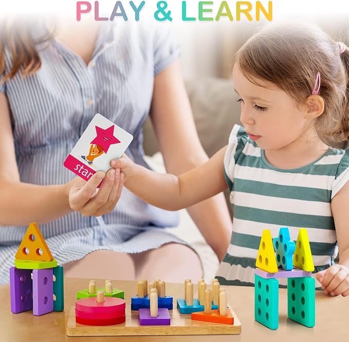 Wooden Sorting & Stacking Toys, Montessori Toys for 1 2 3 Years Old Toddlers, Shape Sorter Puzzles with 24-Piece Large Geometric Blocks & 12 Word Cards, Gift for 12+ Months Baby Boys Girls