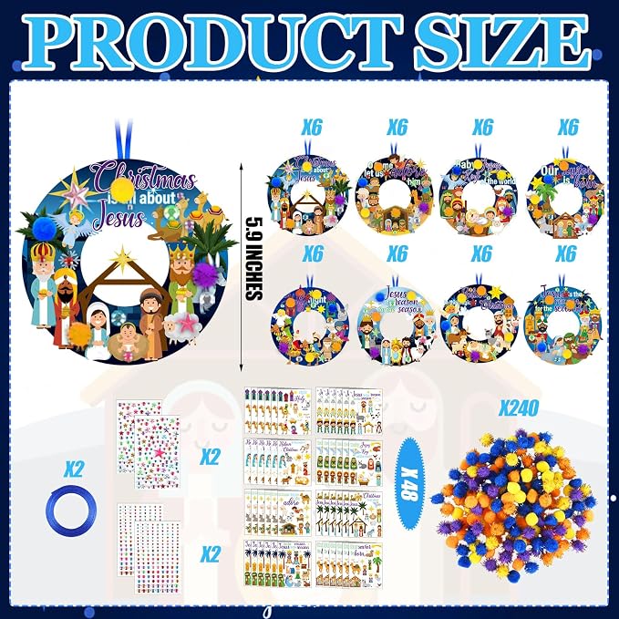 Hollowfly 48 Set Christmas Nativity DIY Wreath Craft Kits Xmas Activities | 8 Unique Jesus Nativity Scene Designs, Ideal Holy Night Decor, Sunday School Crafts & Christmas Religious Party Favors