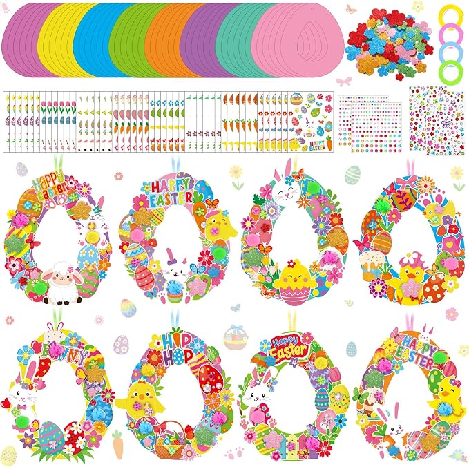 Hollowfly 48 Sets Easter Wreath Craft Kits DIY Paper Ornaments Stickers | For Kids Party Favors and Classroom Activities, Hangable Door Decor, Bulk Easter Craft Supplies for Spring Celebrations