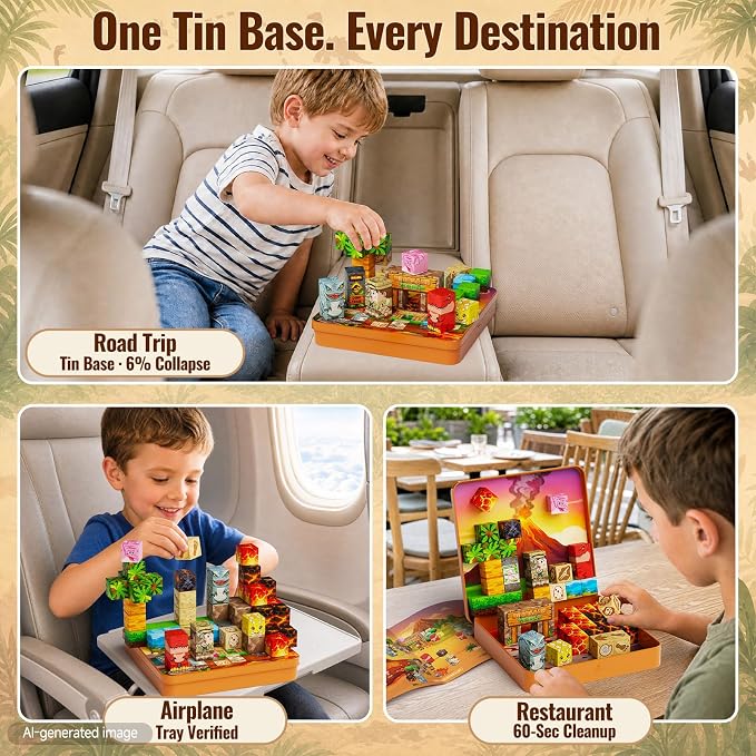 burgkidz Dinosaur Volcano Magnetic Blocks: 360g Portable Tin Case, N32 Strong Magnets, 4-Scene Storybook – Quiet STEM Travel Toy for Road Trip & Airplane, 49 PCS Building Set, Gift for Kids Ages 3-8