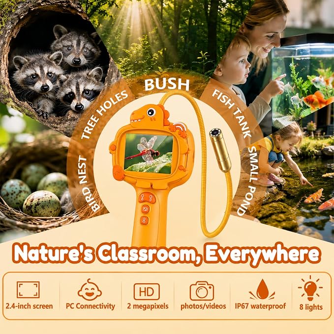 Kids Borescope Camera with Light-STEM Science Educational Toy for 3 4 5 6 7 8 Years Old Boys & Girls Birthday Gift-Discovery & Exploration Flexible Snake Scope Battery (Orange Dinosaur)