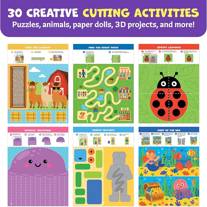 Snip & Shape Scissor Skills Activity Book with Toddler & Kids Scissors 3-5 | 30 cutting crafts for fine motor skills, 2x childrens safety scissors, kindergarten & preschool learning activity workbook