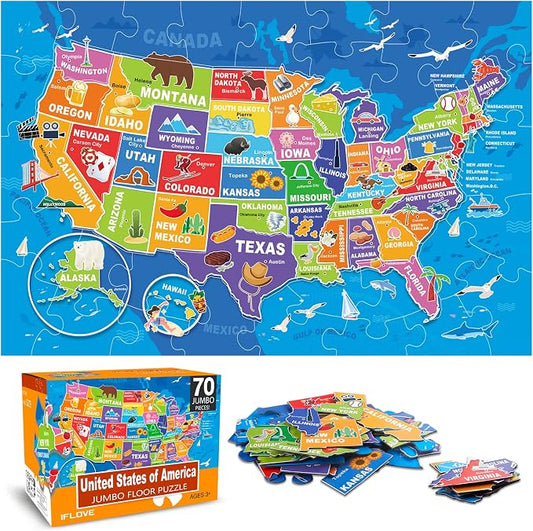 Jumbo Floor Puzzle for Kids,70-Piece USA Map Jigsaw Puzzle Ages 3-8 | 50 States with Capitals,Extra-thick Cardboard,Preschool Learning Toy,35x24 in Completed,Geography Gift for Boys and Girls