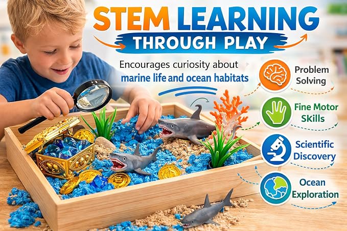 Shark Sensory Bin Kit for Kids - Ocean Sensory Play Kit with Wooden Storage Box, Moldable Sand, Sharks & Treasure Chest - Montessori STEM Learning Toy, Shark Gifts for Boys & Girls Ages 4-8