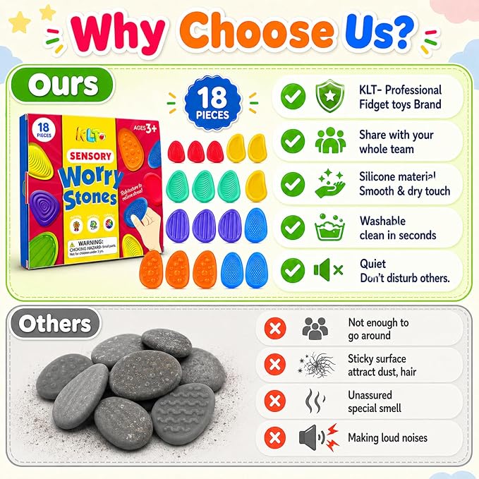 Fidget Toys Sensory Stone for Kids: 18 Pack Bulk Textured Worry Stone for Autism Calming - Quiet Fidgets for Classroom Students Prizes - Small Goodie Bags for Back to School Supplies Gifts
