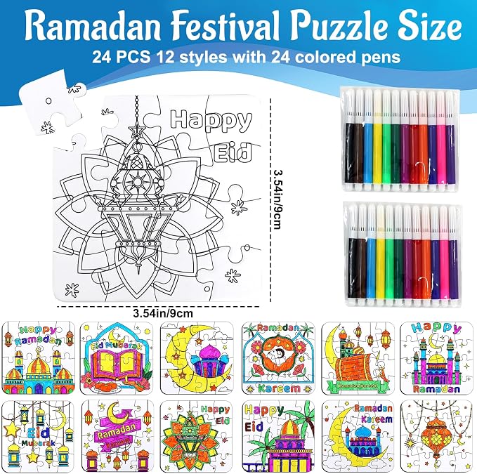 24 Pcs Ramadan Crafts for Kids, Eid Mubarak Arts and Crafts DIY Puzzle with Lanterns, Stars, Masjid, Moon, Castles, Ramadan Eid Activities Painting Kits for Islamic Gifts Party Favors & Goodies Bulk
