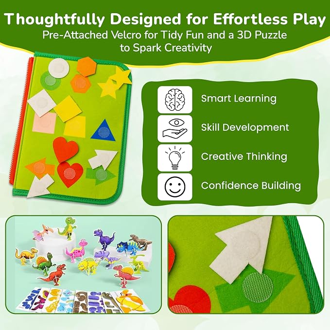 Solens Busy Book for Toddlers, Montessori Busy Board with 25+ Activities on 8 Pages and 3D Assorted Puzzles, Felt Activity Book with Numbers, Colors, Daily Life and Fine Motor Learning, Pink (Green)