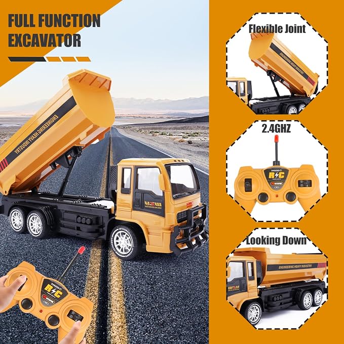 Remote Control Dump Truck for Kids, 2.4GHz RC Construction Vehicle with LED Lights, 45° Dumping Function, 2 Rechargeable Batteries, Toy Truck for Boys Girls 3 4 5 6 7 8 Years Old