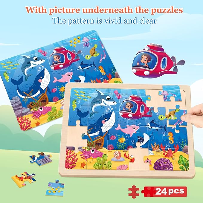 Wooden Puzzles for Kids Ages 4-6, 4 Packs 24 Pcs Wooden Jigsaw Puzzles for Toddlers Ages 3-5, Preschool Educational Puzzle Toys Gifts for 3 4 5 6 Boys Girls