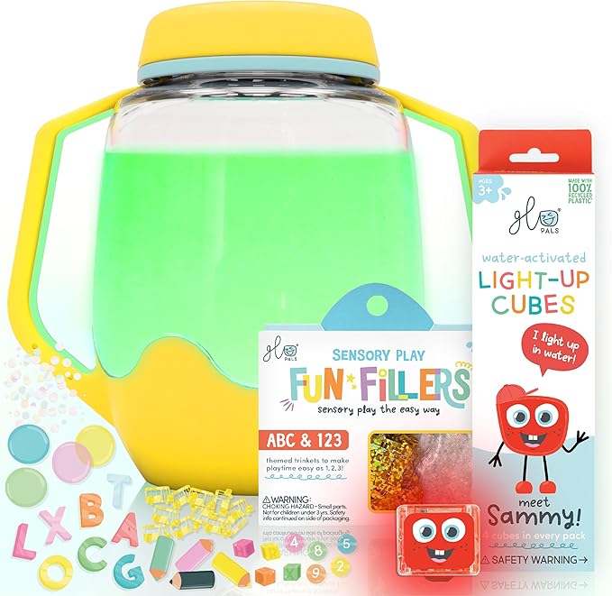 Glo Pals Play Pack Bundle, Jar, Light Up Cubes & Fillers, Glows Red | Sammy Character Water-Activated Bath Toy Cubes Glow Red, Light-Up Sensory Jar, ABC and Number Themed Fun Fillers