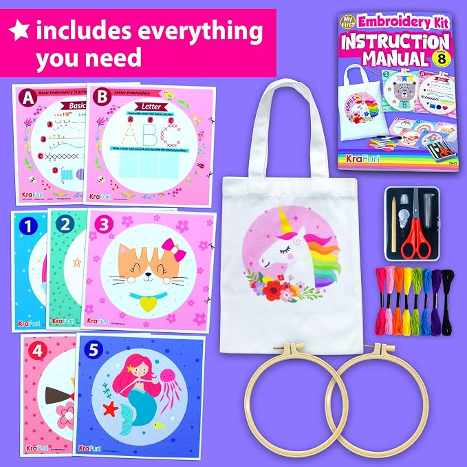 KRAFUN My First Embroidery Kit for Kids & Teens Age 8+ | 8 Projects | Beginner hand stitch set with hoop, tool box & DIY tote bag. Pre-printed cloths. Arts & crafts gift for girls