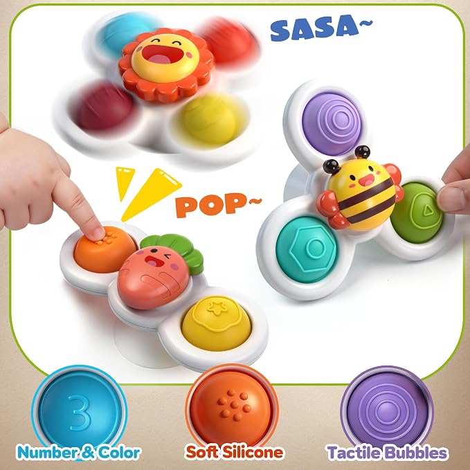 3PC Suction Spinner Toys for Babies 12 Months, Bath & Window Suction Toys, Airplane Travel Activities, Montessori Sensory Fidget Toys, Easter Basket Stuffers Gifts for 1 Year Old Boys Girls