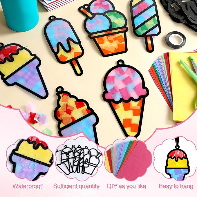 Qyeahkj 36 Set Ice Cream Suncatchers Crafts for DIY Dessert Window Tissue Paper Crafts Kit Summer Sweet Suncatcher Hanging Decor for Summer Home Activity Art Project Birthday Party Favor Gift