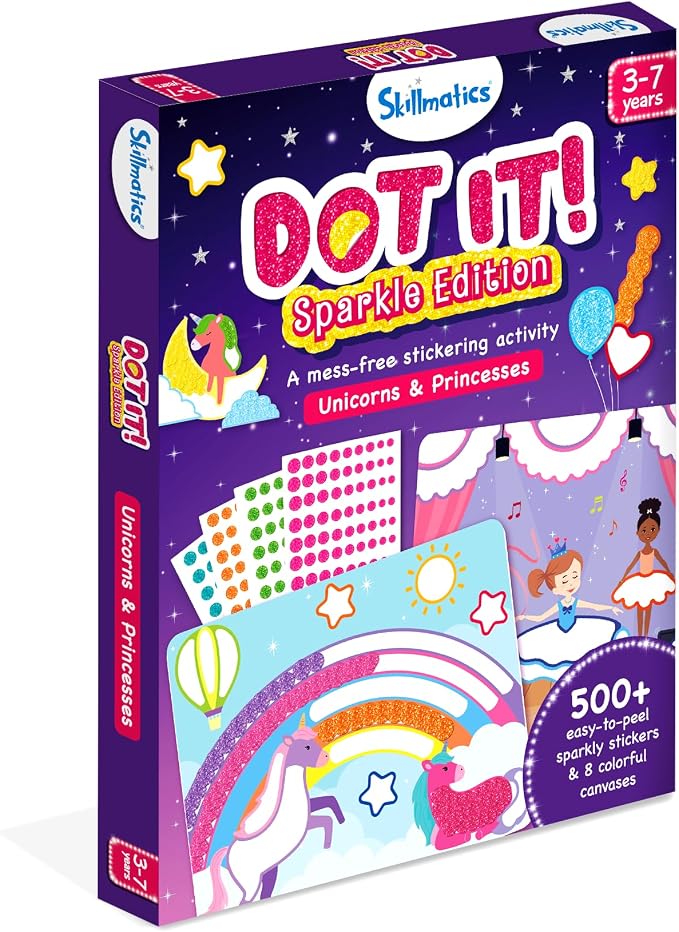 Skillmatics Dot It Sticker Art – Unicorns & Princesses Sparkle, Craft Kit | 500+ Stickers, DIY Scrapbooking Activity, Screen-Free Travel Toys, Gift for Toddlers, Girls & Boys Ages 3, 4, 5, 6, 7