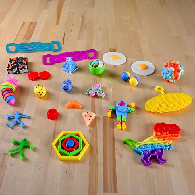 Sunny Days Entertainment Fidget Box 24 Piece - Sensory Toys Pack - Ages 3+ | Plastic Construction, Multicolor Set, 7.5 in x 7.5 in x 5 in, 36+ Months, ADHD Anxiety Support, Storage Case Included