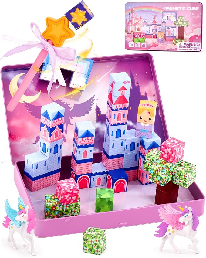 hahaland Unicorn Magnetic Blocks Travel Set Toy for Kids Ages 3-8, 50 Pcs | Includes Portable Magnetic Case, 2 Unicorn Figures, Magnetic Wand, 46 Pcs Mini Magnetic Cubes, Castle STEM Building Toy
