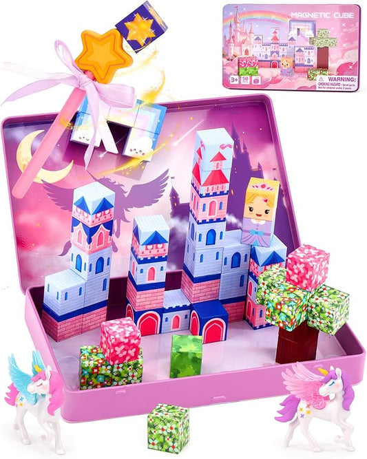 hahaland Unicorn Magnetic Blocks Travel Set Toy for Kids Ages 3-8, 50 Pcs | Includes Portable Magnetic Case, 2 Unicorn Figures, Magnetic Wand, 46 Pcs Mini Magnetic Cubes, Castle STEM Building Toy