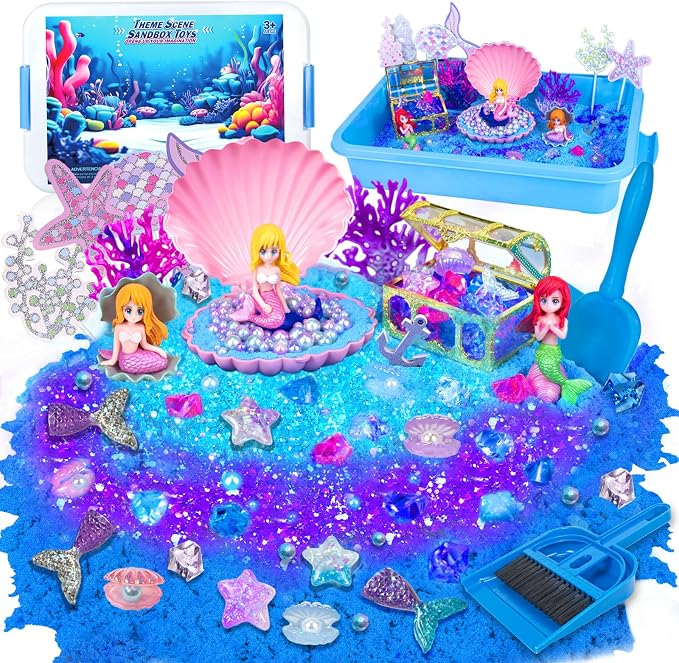 Mermaid Sensory Bin, Sandbox Play Sand Art Kit for Girls Boys 3 4 5 6 7 8 | Sensory Bin with Sandbox & Accessories & Tools & Colorful Sea Shell Gems Toys Set, Indoor Outdoor Pretend Play Beach Toy