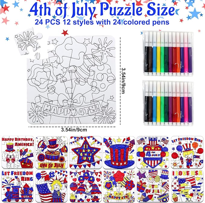 24 Sets 4th of July Crafts for Kids, Patriotic Crafts Activities DIY Puzzle Kits Red White Blue Star Flag Independence Day Memorial Day Jigsaw Painting Arts for Party Favors Gift Supplies Coloring Toy