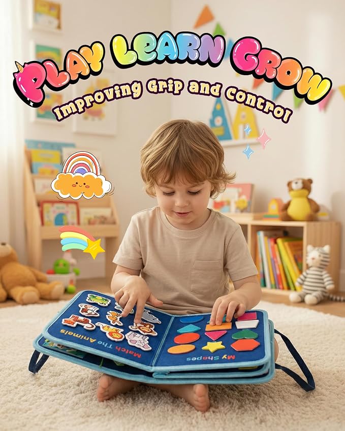 Dinosaur Busy Board for Toddlers, 8-Page Blue Sensory Activity Book with Buckles & Zippers, Montessori Learning Toy for Fine Motor Skills, Screen-Free Airplane Travel Toy for Boys