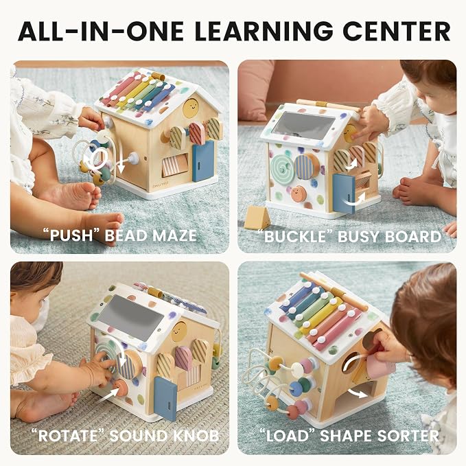 Tiny Land 9-in-1 Wooden Activity Cube, Educational Toy for Toddlers | Montessori Baby Activity Center for 1+ Year Old, Ideal Gift for Boys and Girls (Morandi)