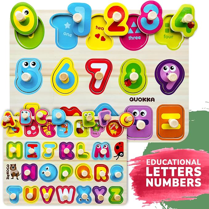 QUOKKA Wooden Puzzles for Toddlers 1-3 - 6XSET Toddler Puzzles Ages 2-4 with Rack - Learning Alphabet - Numbers - Animals Montessori Toy for Kids 3-5 - Wood Games Gift for Boys and Girls
