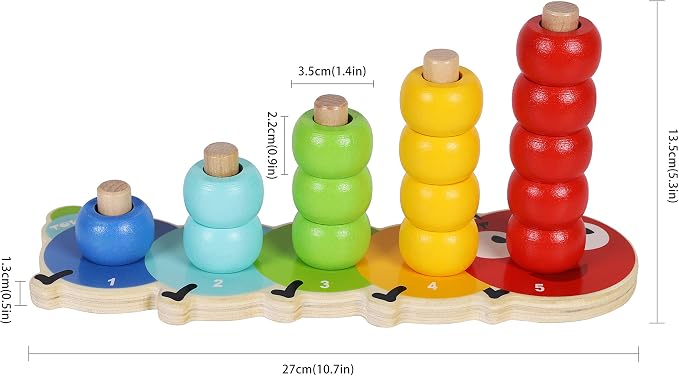 TOWO Wooden Stacking Rings Toy, Caterpillar Counting Ring Stacker | 5-peg ring stacker with counting rings; supports color sorting, fine motor skills and early learning, gift age 1+.