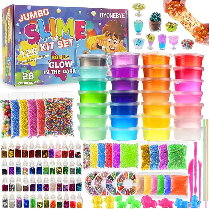 126 Pcs DIY Slime Kit for Kids, Slime Making Supplies | Creative slime set with glitter and mix-ins for birthday gifts, sensory play, craft activities, and kids