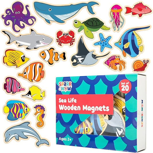 Spark & Wow Wooden Magnets, Sea Life, Magnets for Kids Ages 2+ | Open-Ended Play, Adhere to Fridges, Whiteboards and More