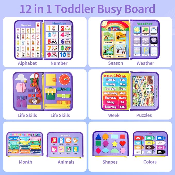 Toddler Busy Board Montessori Busy Book for Kids, Educational Activity Book | 24 in 1 Quiet Learning Sensory Toys for Motor Skills, 12-Page Travel Toy for Car Airplane, Girl Birthday Gift (Mermaid)