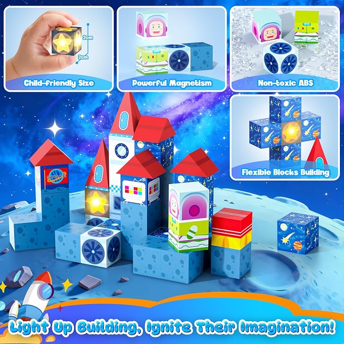 36 PCS STEM Learning Mini Magnetic Blocks Travel Set | With Portable Iron Storage Box&LED Light-Up Magnetic Cubes, Montessori Sensory Toys Gifts for Toddlers, Boys & Girls