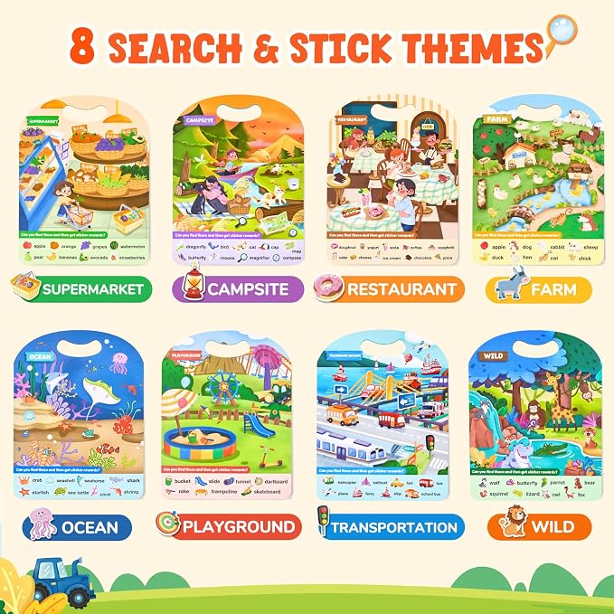 JoyCat Reusable Sticker Book Set, 4-Pack, 120+ Stickers, Kids Travel Toys | Sticker activity books for toddlers offer car, airplane and road trip fun; preschool educational gifts for boys and girls.