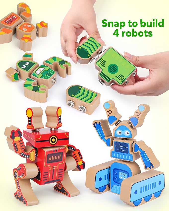 Coogam Fine Motor Building Robot Blocks for 3 4 5 Years Old Kids | Wooden Snap Together Builders, STEM Take Apart Robot Playset, Educational Learning Toy Gift for Boys Girls