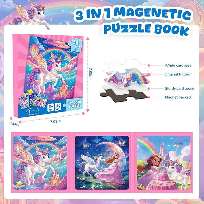 Homicozy Magnetic Puzzles for Toddler Kids 3-8, Unicorn Princess Travel Toy | 36-Piece Magnetic Puzzle for Kids Ages 3-5 4-6, Car Airplane Road Trip Activities, Quiet Screen-Free Game, Girl Birthday Gift