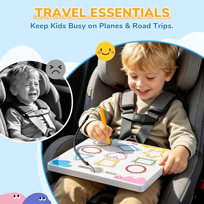 JoyCat Magnetic Shapes and Lines Tracing Board, 2-in-1 Pencil Control Toy | Double-sided fine motor toy for toddlers and kids supports preschool learning; road trip car activities and birthday gifts.